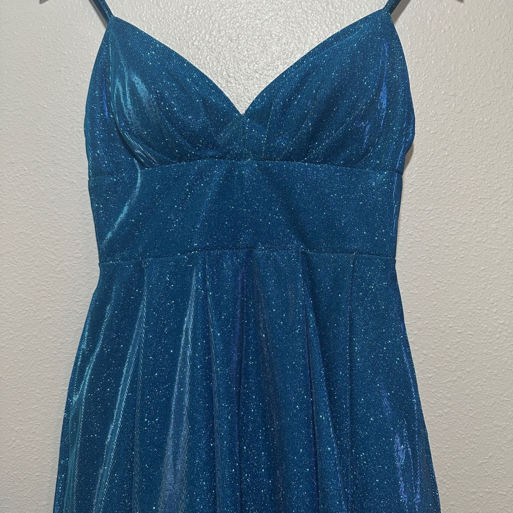 B. Darlin Teal Blue Metallic Glitter Fit and Flare Cocktail Dress 7/8